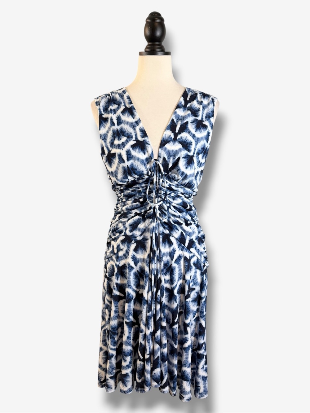 WHBM Blue White Fit & Flare Dress Size 4 Abstract Floral Ruched Front Sleeveless